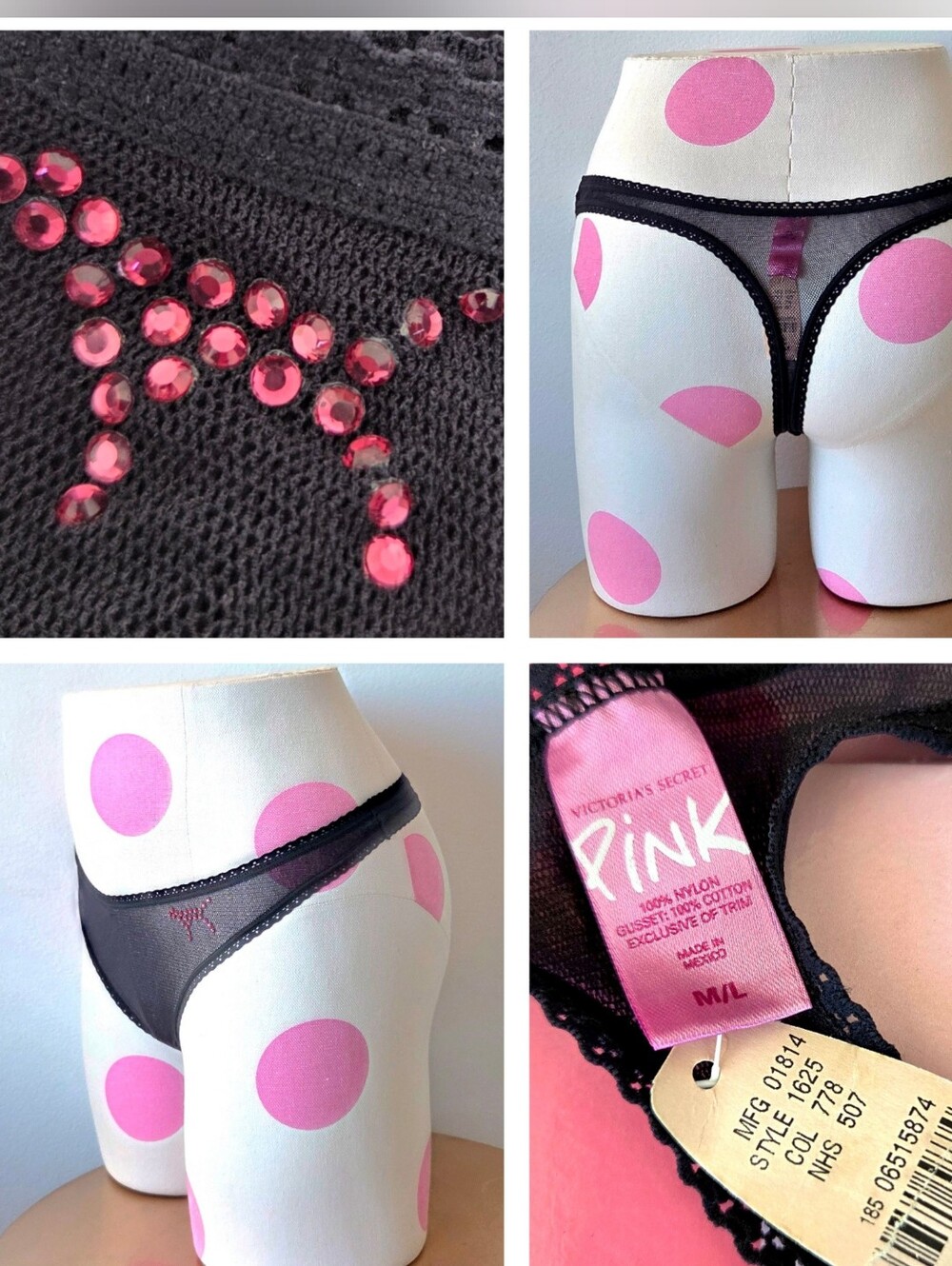 PINK Victoria's Secret Black Mesh Rhinestone Logo Hipster Panty